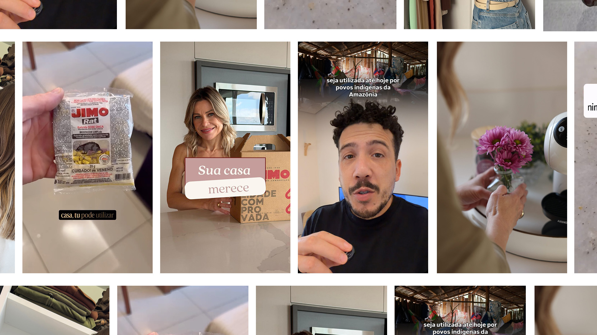 Mosaico de vídeos de creators com produtos JIMO: a mão que mostra a embalagem do JIMO Rat, a apresentadora na cozinha ao lado da caixa da marca, o creator falando sobre o uso indígena na Amazônia e a mão que arruma flores em um vaso ao lado de um eletrodoméstico branco.